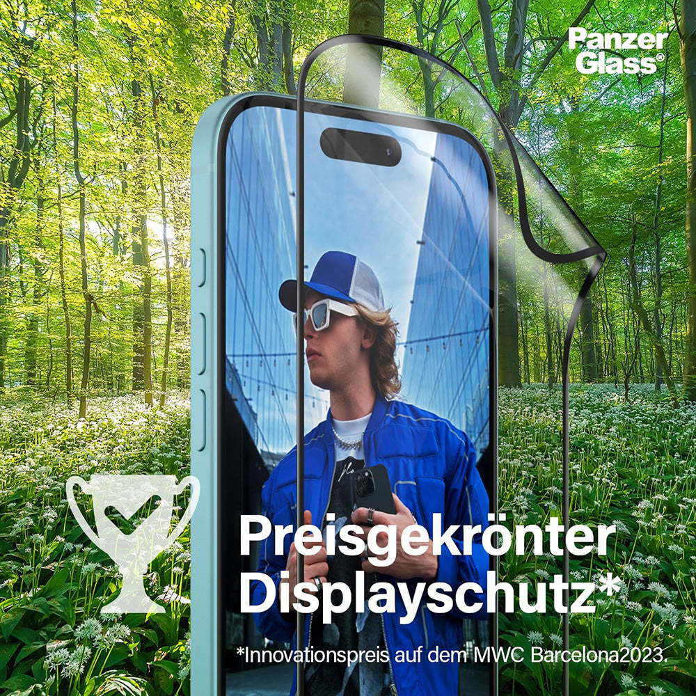 Beskyttelsesfilm til skærm PanzerGlass Ultra-Wide Fit EyeCare til Apple iPhone 16 / 15, Hærdet Glas, Full Glue, Sort