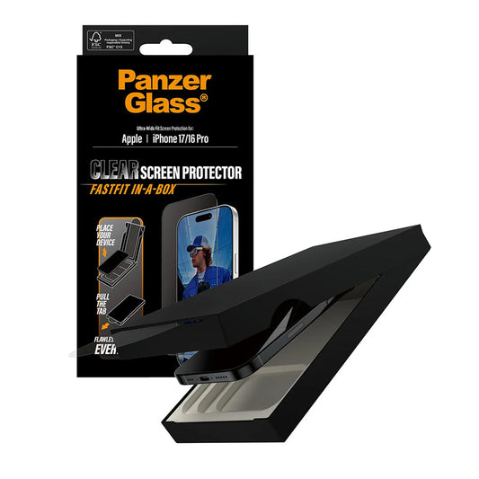 Beskyttelsesfilm til skærm PanzerGlass Ultra-Wide Fit Fastfit til Apple iPhone 17 / 16 Pro, Hærdet Glas, Full Glue, Sort