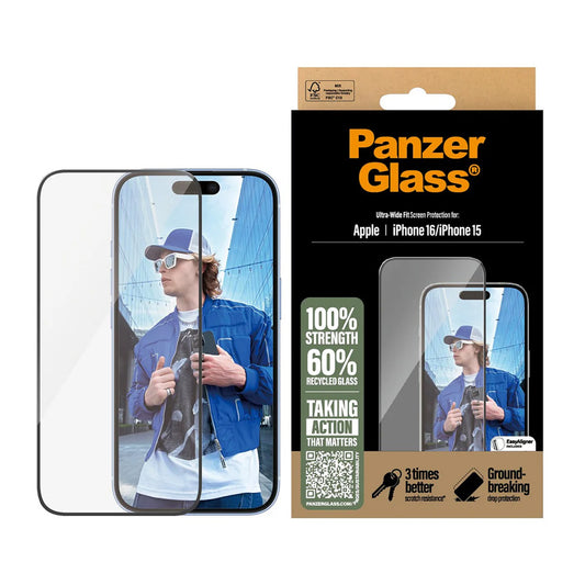 Beskyttelsesfilm til skærm PanzerGlass Ultra-Wide Fit til Apple iPhone 16 / 15, Hærdet Glas, Full Glue, Sort