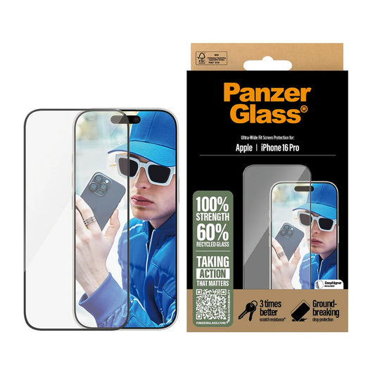 Beskyttelsesfilm til skærm PanzerGlass Ultra-Wide Fit til Apple iPhone 16 Pro, Hærdet Glas, Fuldklæbende, Sort