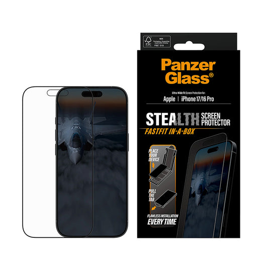 Beskyttelsesfilm til skærm PanzerGlass Ultra-Wide Fit Stealth Fastfit til Apple iPhone 17 / 16 Pro, Hærdet Glas, Fuldklæbende, Sort