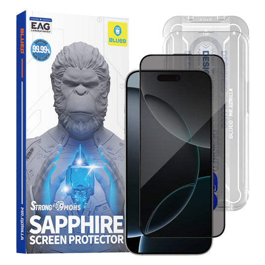 Beskyttelsesfilm Privacy Blueo Sapphire Applicator Pro til Apple iPhone 17 Pro / 17 / 16 Pro, Hærdet Glas, Full Glue
