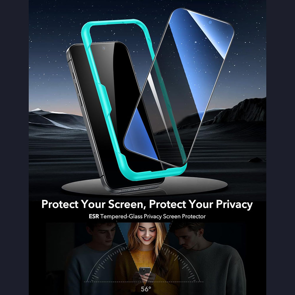 Beskyttelsesfilm Privacy ESR til Apple iPhone 17 / 16 Pro, Hærdet Glas, Fuldklæbende, Sæt med 3 stykker