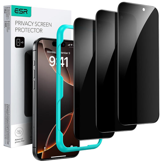Beskyttelsesfilm Ecran Privacy ESR til Apple iPhone 17 Pro, Hærdet Glas, Full Glue, Sæt med 3 stykker