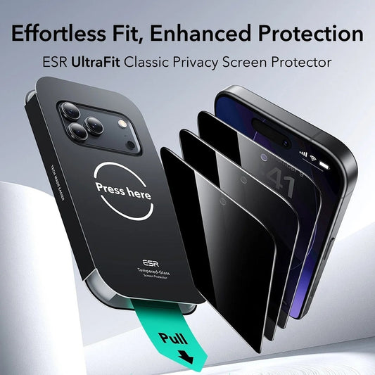 Beskyttelsesfilm Privacy ESR UltraFit til Apple iPhone 17 Pro Max, Hærdet Glas, Full Glue, Sæt med 3 stykker