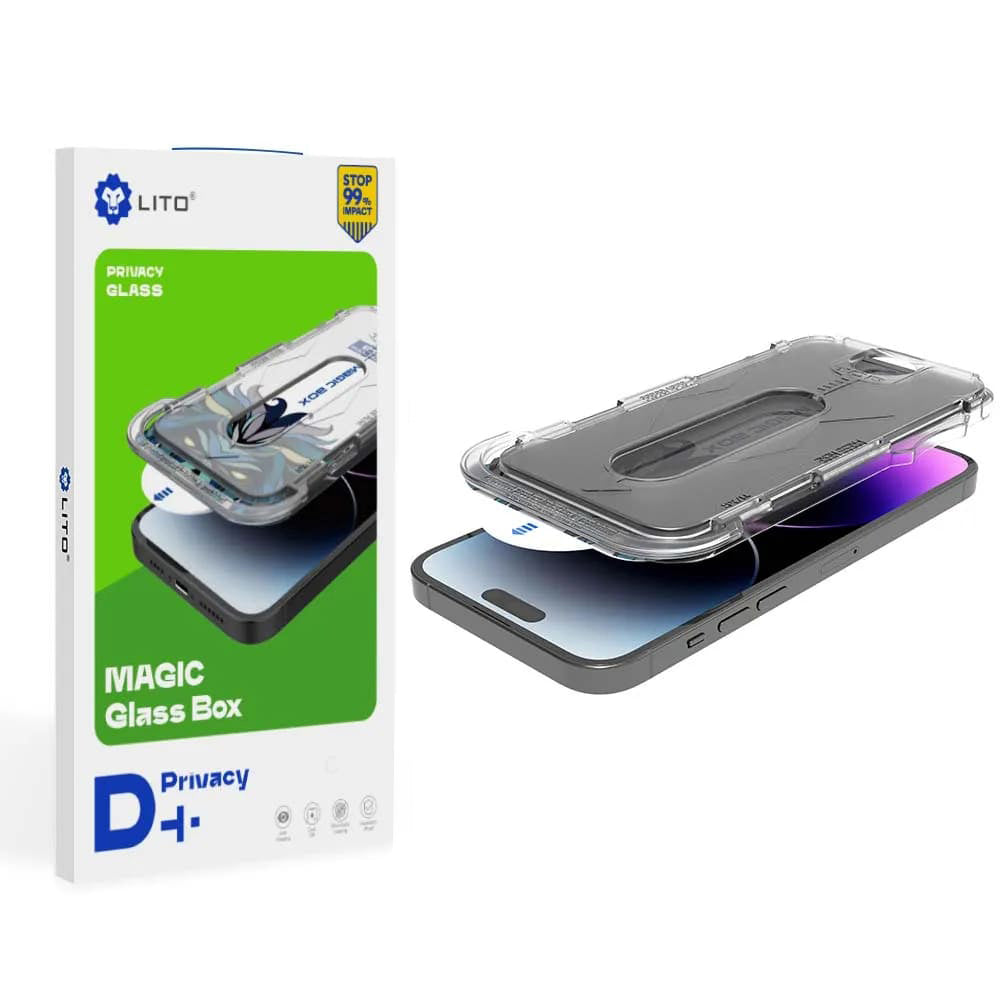 Privacy-skærmbeskyttelsesfilm Lito Magic Glass Box D+ Tools til Apple iPhone 16 Pro, hærdet glas, fuld lim