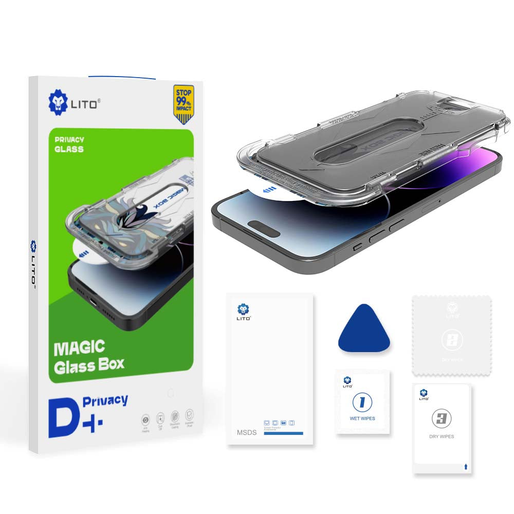 Privacy-skærmbeskyttelsesfilm Lito Magic Glass Box D+ Tools til Apple iPhone 16 Pro, hærdet glas, fuld lim