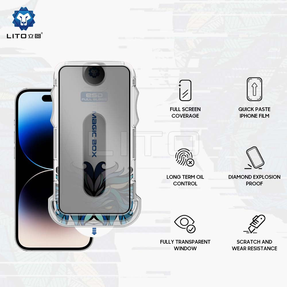 Privacy-skærmbeskyttelsesfilm Lito Magic Glass Box D+ Tools til Apple iPhone 16 Pro, hærdet glas, fuld lim