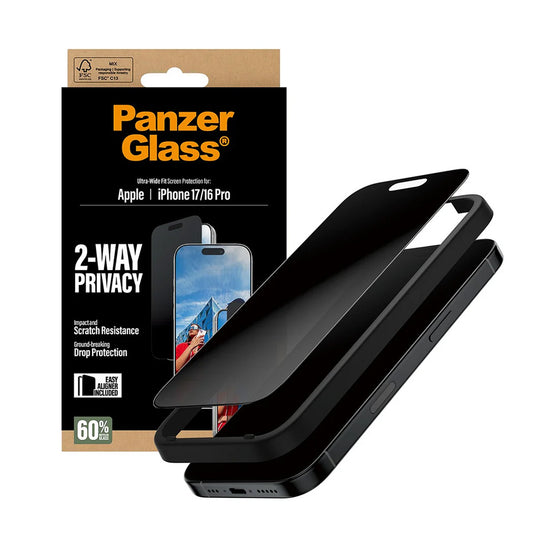 Beskyttelsesfolie til skærm Privacy PanzerGlass Ultra-Wide Fit 2-Way EasyAligner til Apple iPhone 17 / 16 Pro, Hærdet Glas, Full Glue