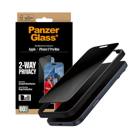 Beskyttelsesfolie til skærm Privacy PanzerGlass Ultra-Wide Fit 2-Way EasyAligner til Apple iPhone 17 Pro Max, Hærdet Glas, Full Glue