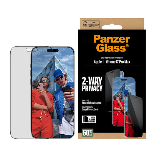 Beskyttelsesfolie til skærm Privacy PanzerGlass Ultra-Wide Fit 2-Way EasyAligner til Apple iPhone 17 Pro Max, Hærdet Glas, Full Glue