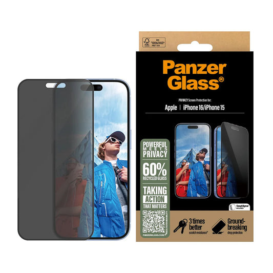Beskyttelsesfilm til skærm Privacy PanzerGlass Ultra-Wide Fit EasyAligner til Apple iPhone 16 / 15, Hærdet glas, Full Glue
