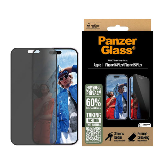 Beskyttelsesfolie til skærm Privacy PanzerGlass Ultra-Wide Fit EasyAligner til Apple iPhone 16 Plus / 15 Plus, Hærdet Glas, Fuldklæbende