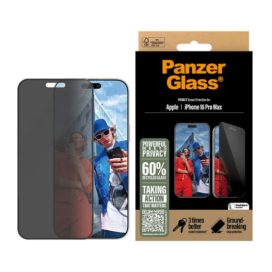 Beskyttelsesfilm Privacy PanzerGlass Ultra-Wide Fit EasyAligner til Apple iPhone 16 Pro Max, Hærdet Glas, Full Glue