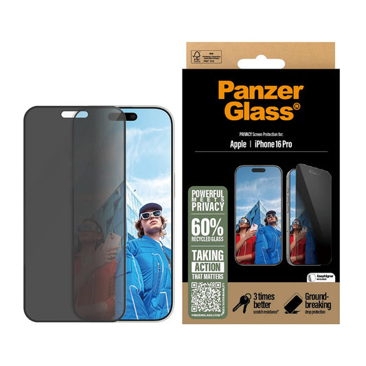 Beskyttelsesfolie Privacy PanzerGlass Ultra-Wide Fit EasyAligner til Apple iPhone 16 Pro, Hærdet Glas, Full Glue