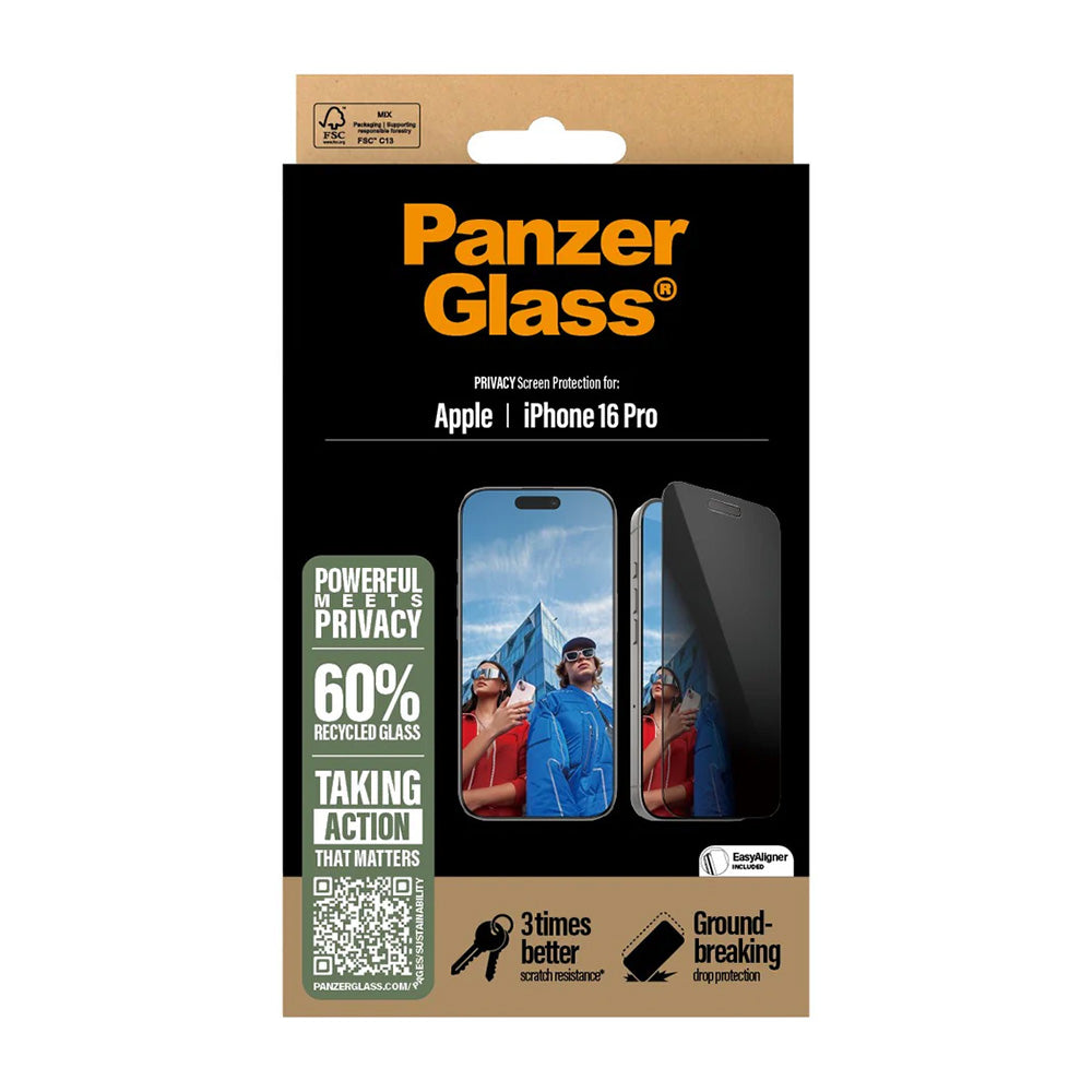 Beskyttelsesfolie Privacy PanzerGlass Ultra-Wide Fit EasyAligner til Apple iPhone 16 Pro, Hærdet Glas, Full Glue
