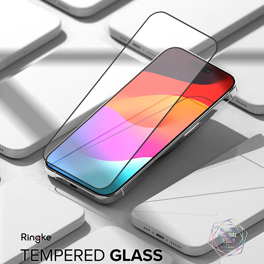Ringke Skærmbeskytter til Apple iPhone 15 Pro, Hærdet Glas, Fuld Lim, Sort