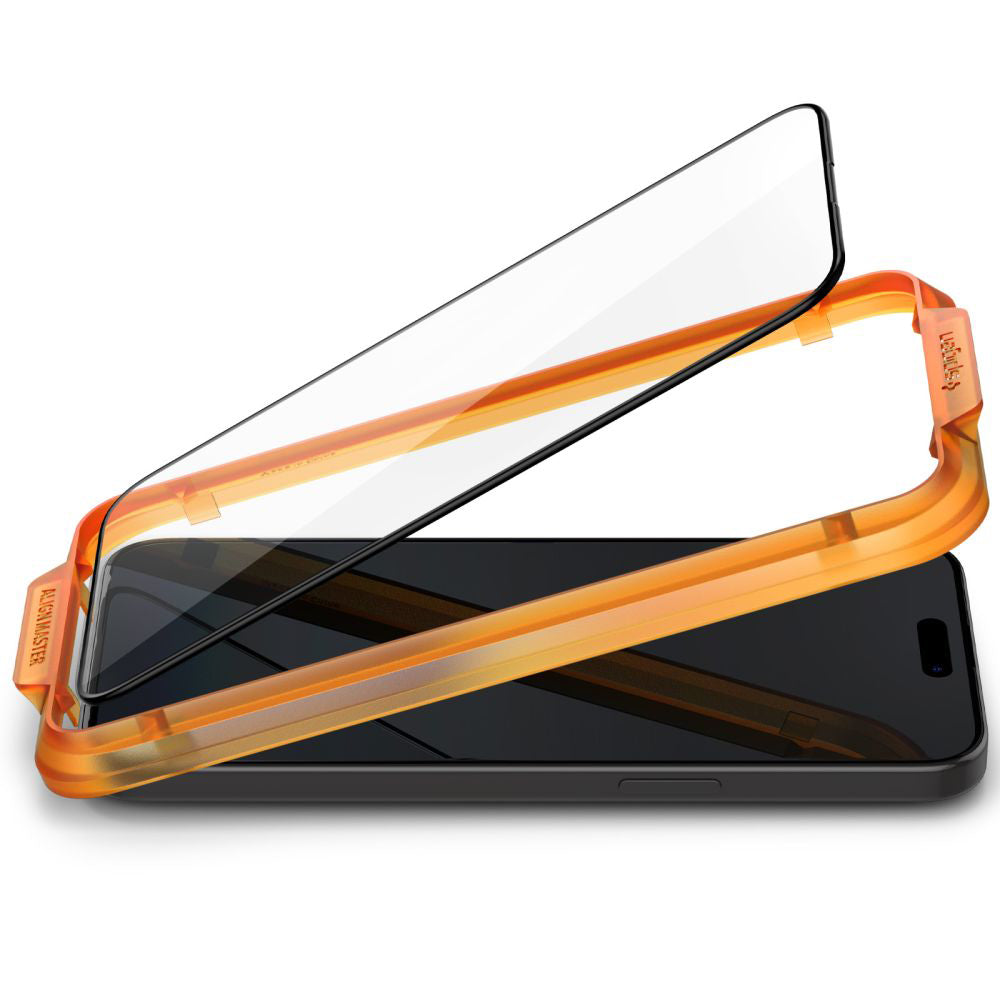 Skærmbeskyttelsesfolie Spigen GlastR Align Master til Apple iPhone 15, Hærdet Glas, Full Glue, Sæt med 2 stykker, Sort AGL06906