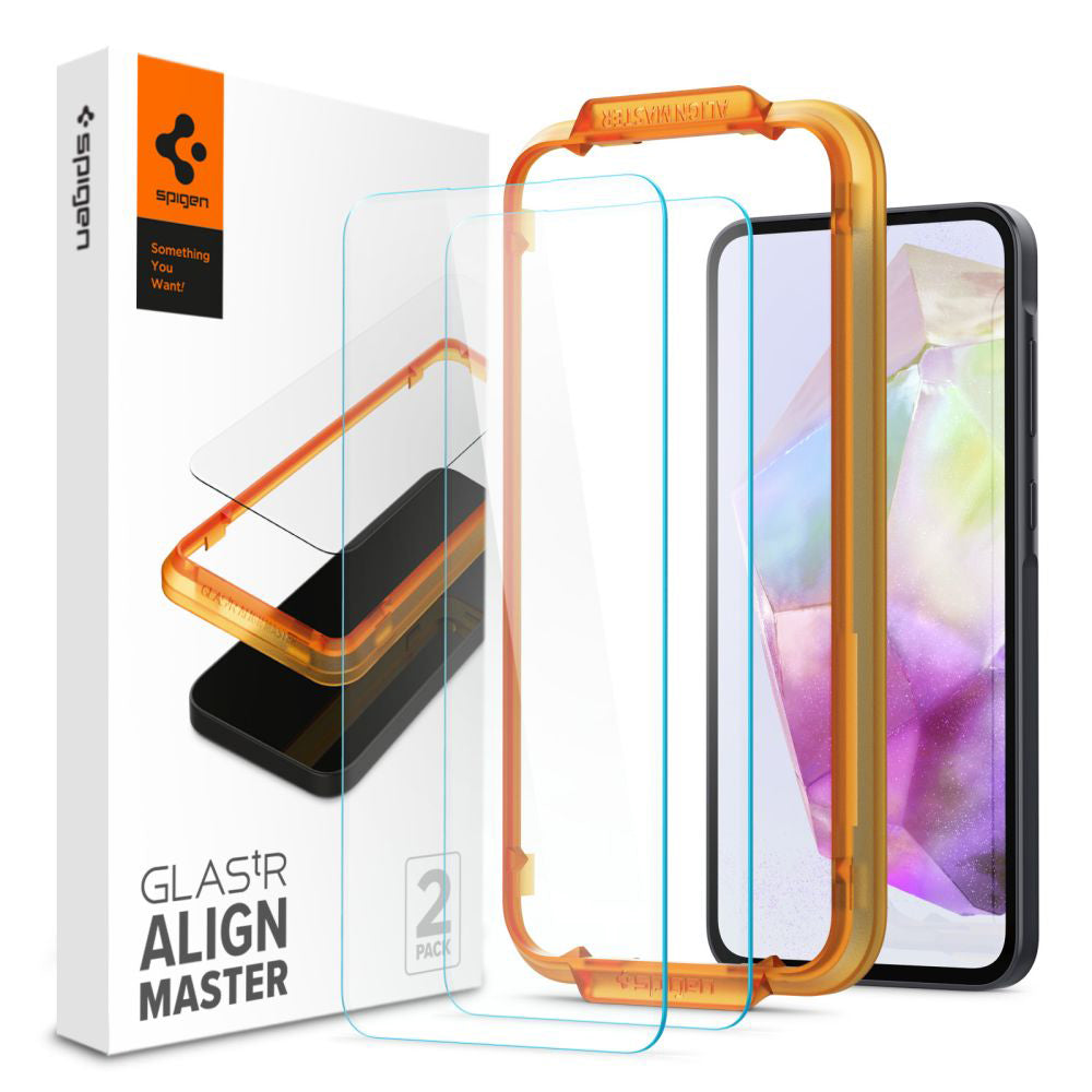 Skærmbeskyttelsesfolie Spigen GlastR Align Master til Samsung Galaxy M35 / A35 5G A356, Hærdet Glas, Fuldklæbende, Sæt med 2 stykker AGL07772