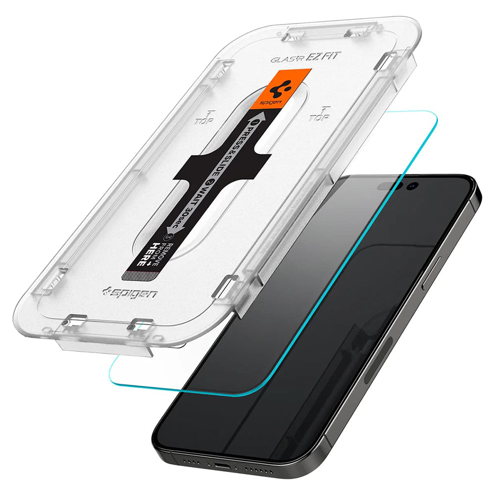 Beskyttelsesfilm til skærm Spigen GlastR EZ FIT til Apple iPhone 14 Pro, Hærdet Glas, Fuldklæbende, Sæt med 2 stykker