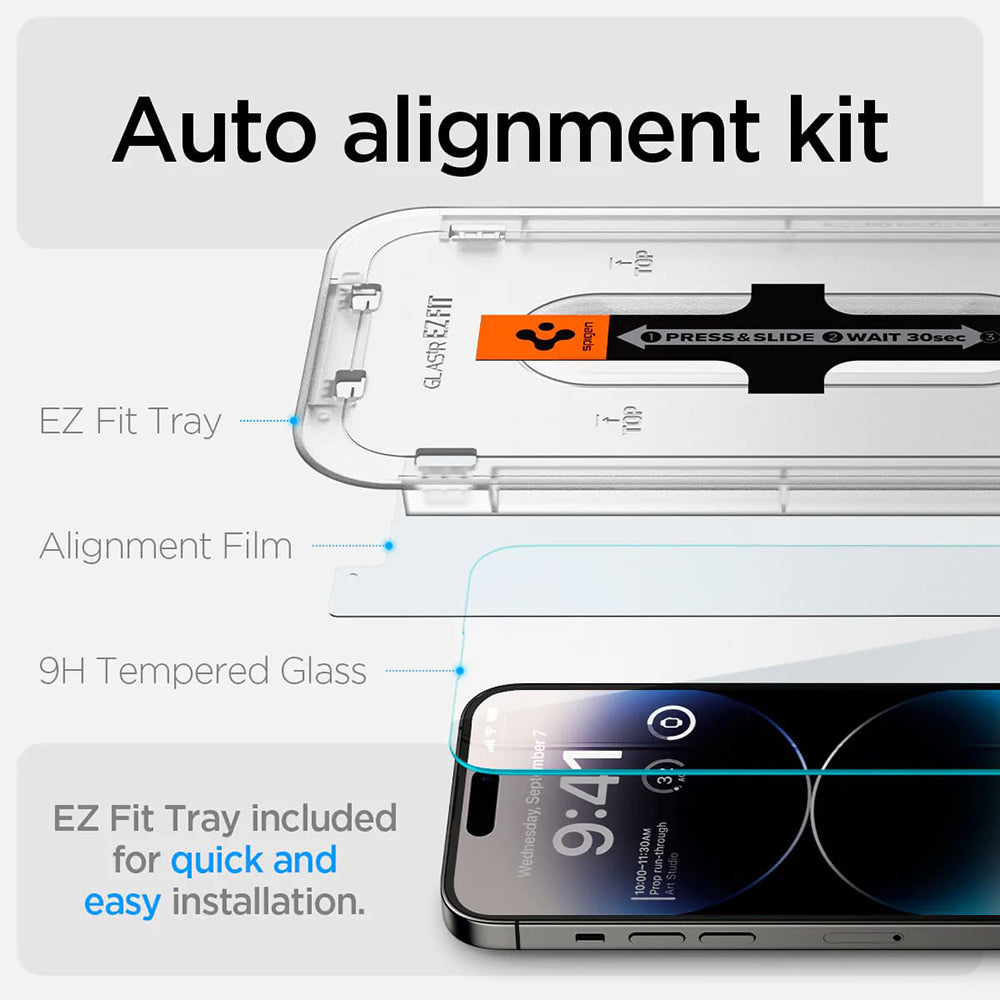 Beskyttelsesfilm til skærm Spigen GlastR EZ FIT til Apple iPhone 14 Pro, Hærdet Glas, Fuldklæbende, Sæt med 2 stykker