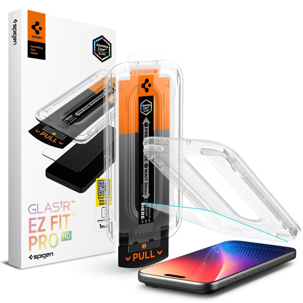 Beskyttelsesfilm til skærm Spigen GlastR EZ FIT Pro til Apple iPhone 17 Pro / 17 / 16 Pro, Hærdet Glas, Fuldklæbende