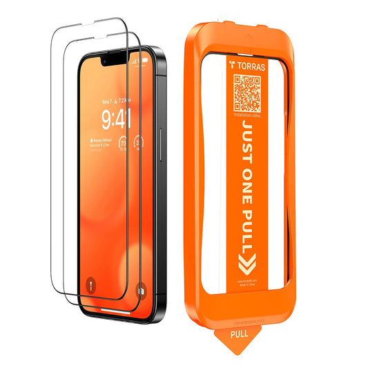 Torras GlassGo Install Master Skærmbeskyttelsesfilm til Apple iPhone 17e / 16e / 14 / 13 Pro, Hærdet Glas, Fuld Lim, Sæt med 2 stk