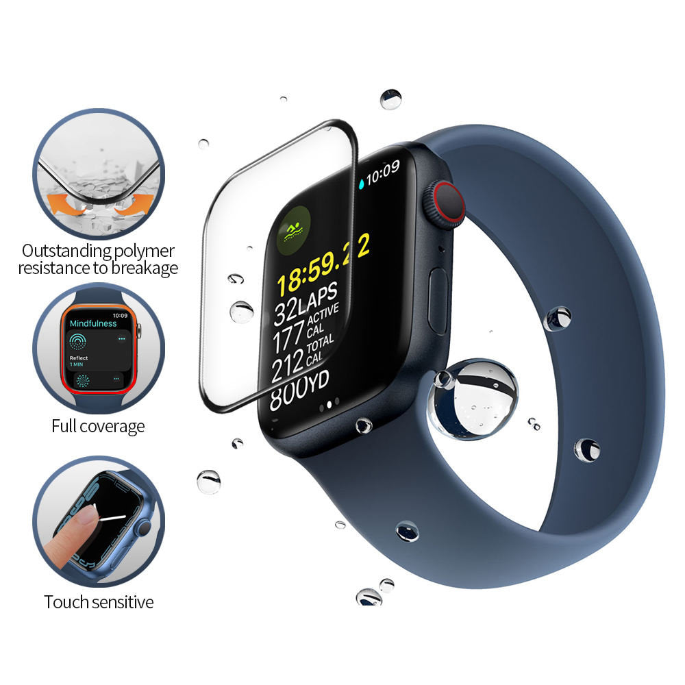 Blueo High Molecule Beskyttelsesfilm til Apple Watch 8 / 7 45mm Serie, Hærdet Glas, Sort