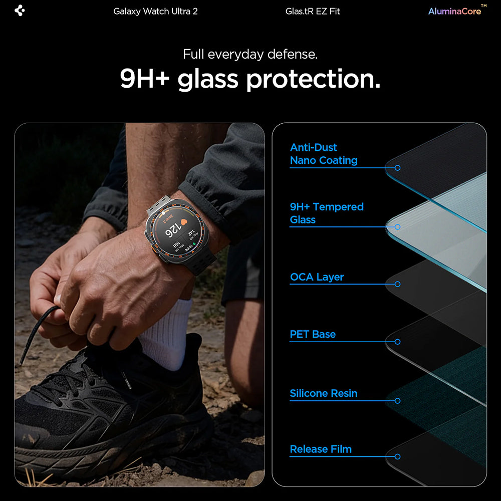 Spigen GlastR EZ FIT beskyttelsesfilm til Samsung Galaxy Watch Ultra2, hærdet glas, sæt med 2 stk. AGL11758