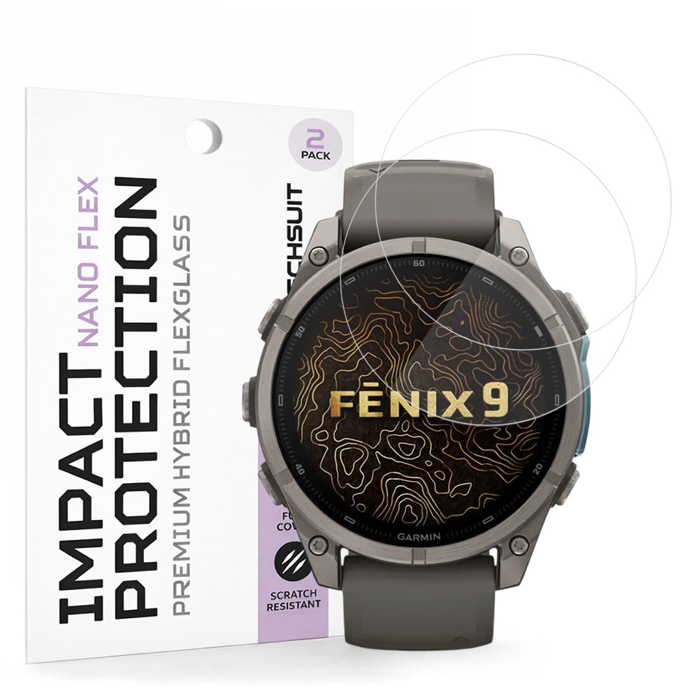 Techsuit Nano Flex Beskyttelsesfilm til Garmin Fenix 9 Pro 43mm / Fenix 9 43mm, Sæt med 2 stk, Plastik, Sort