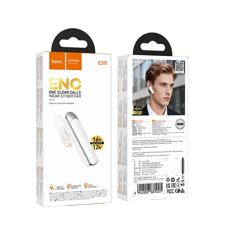 Bluetooth-håndfri HOCO E201, hvid