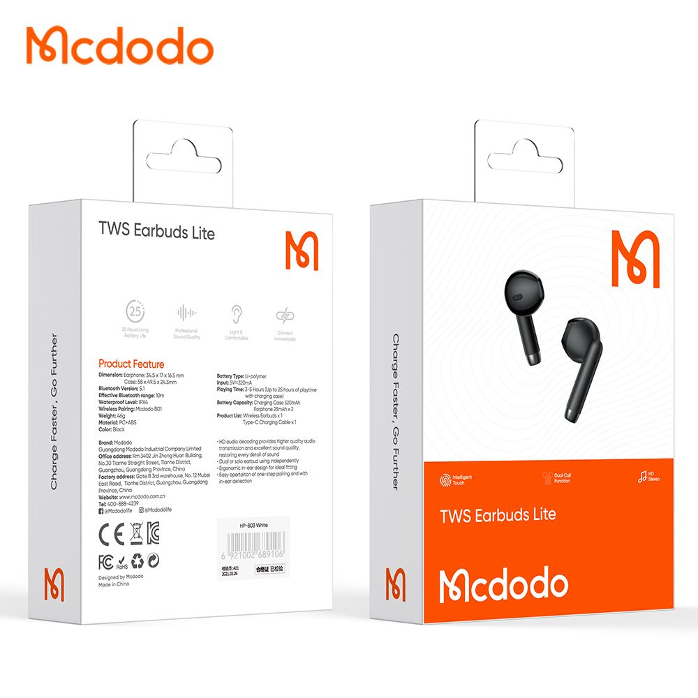 Handsfree Bluetooth McDodo HP-8031 B01, TWS, Sort