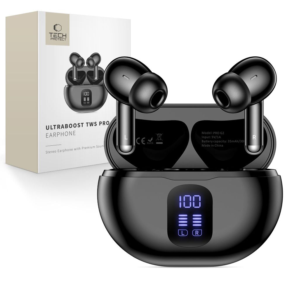 Handsfree Bluetooth Tech-Protect Ultraboost Pro G2, TWS, Sort