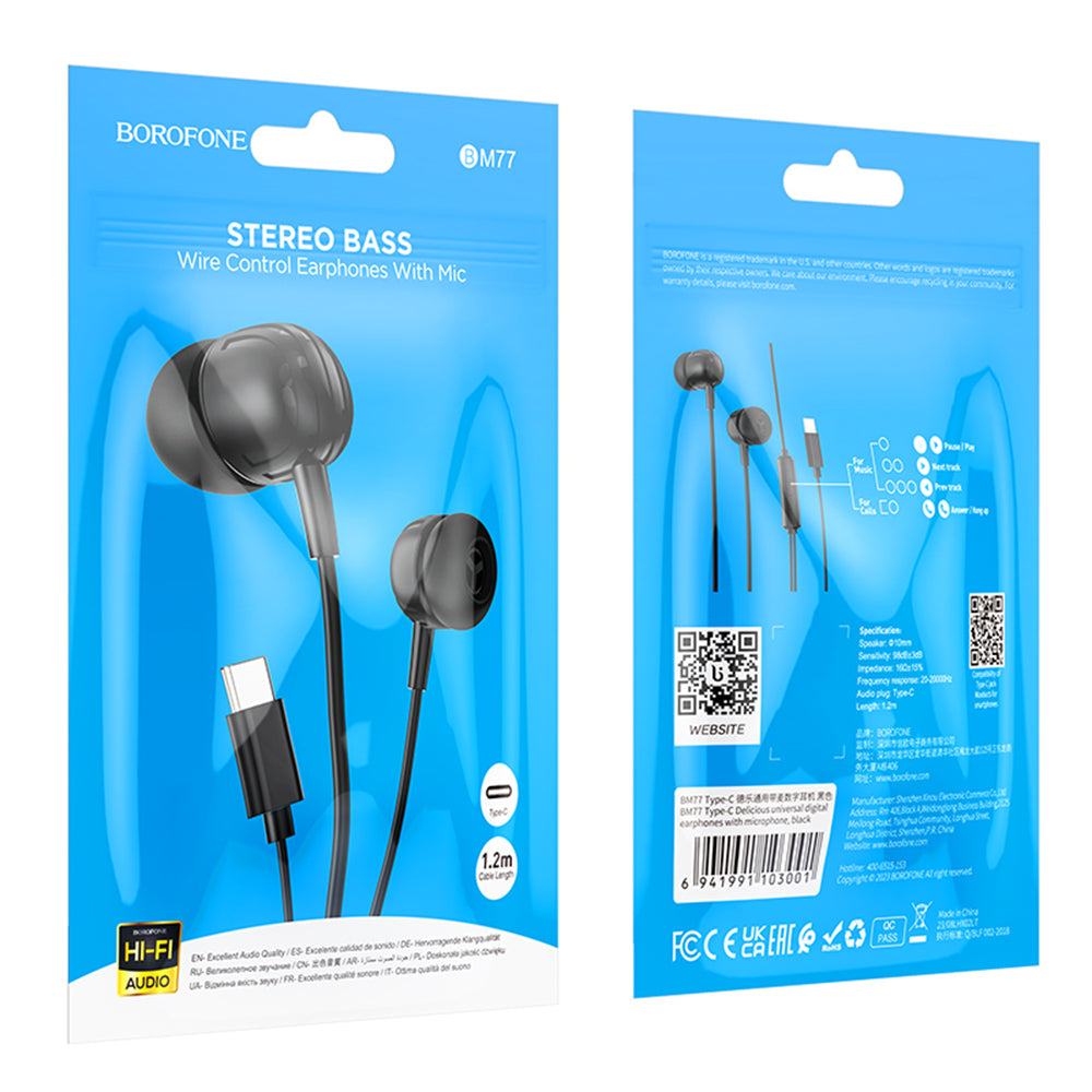 Handsfree USB-C Borofone BM77 Delicious, Sort