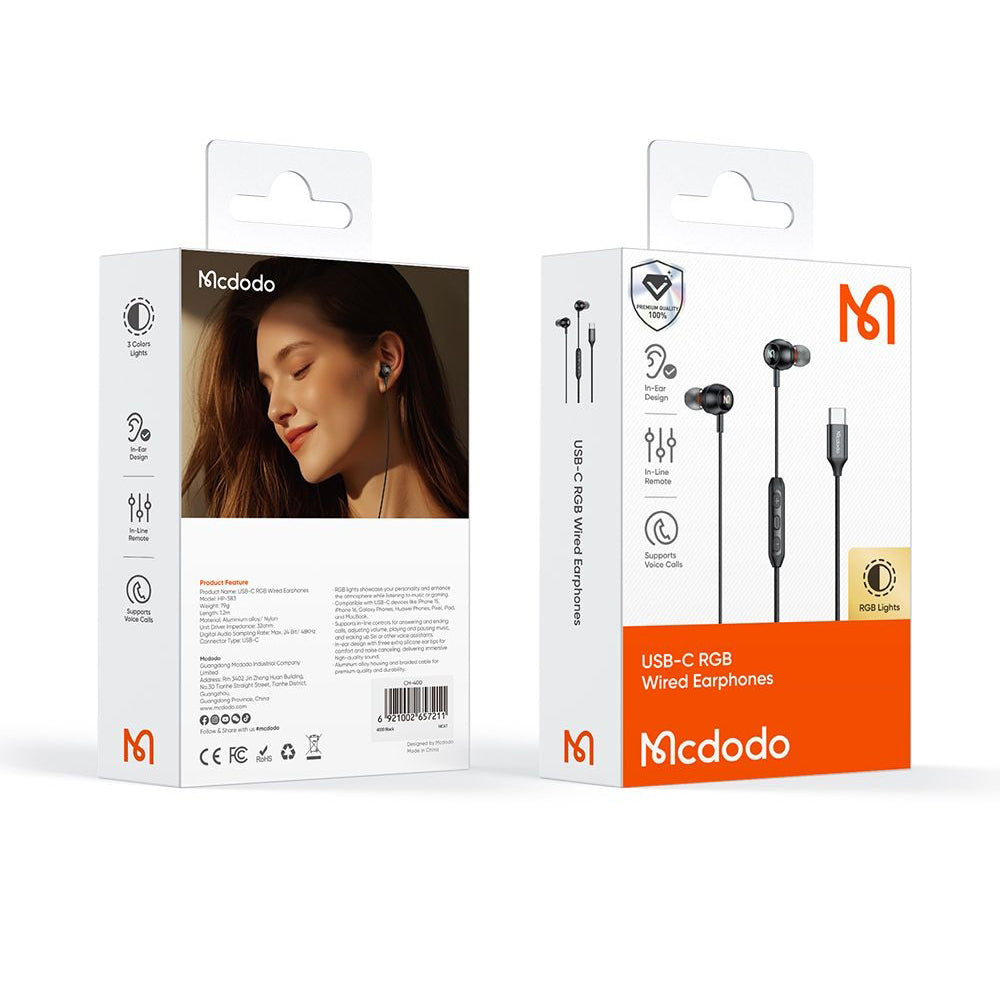 Handsfree USB-C McDodo HP-5830, Sort