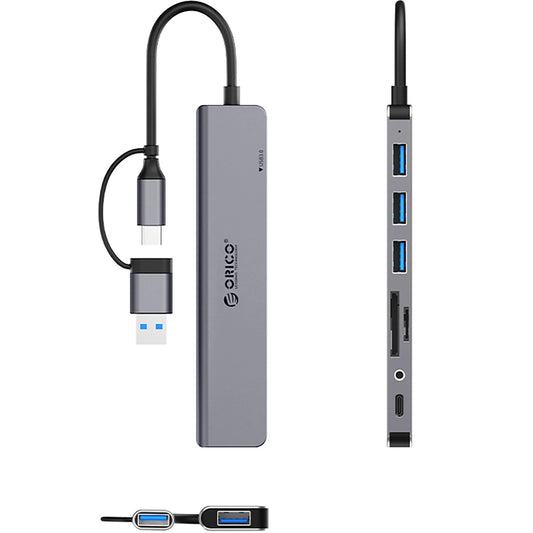 Hub USB / USB-C Orico YSA8-U3, 1 x USB-A 3.0 - 3 x USB-A - 1 x USB-C - 1 x Jack 3.5mm - 1 x SD - 1 x microSD, Sort