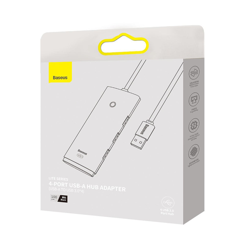 Hub USB Baseus Lite, 4 x USB-A 3.0 - 1 x USB-C, 1m, Sort WKQX030101