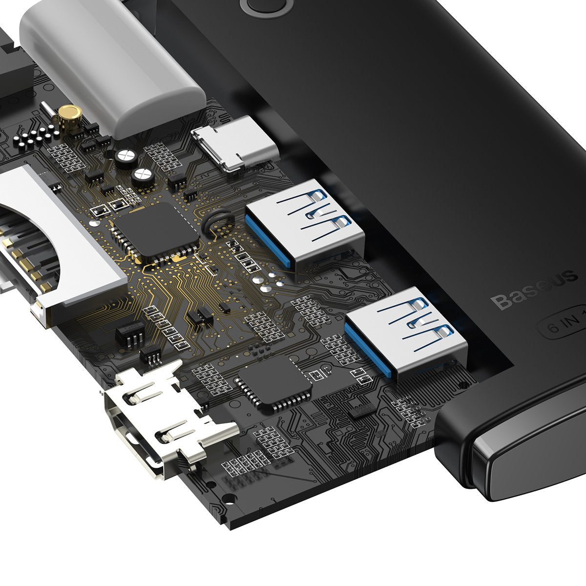 Hub USB-C Baseus, 2 x USB-A 3.0 - 1 x USB-C - 1 x HDMI - 1 x SD - 1 x microSD, Sort WKQX050001