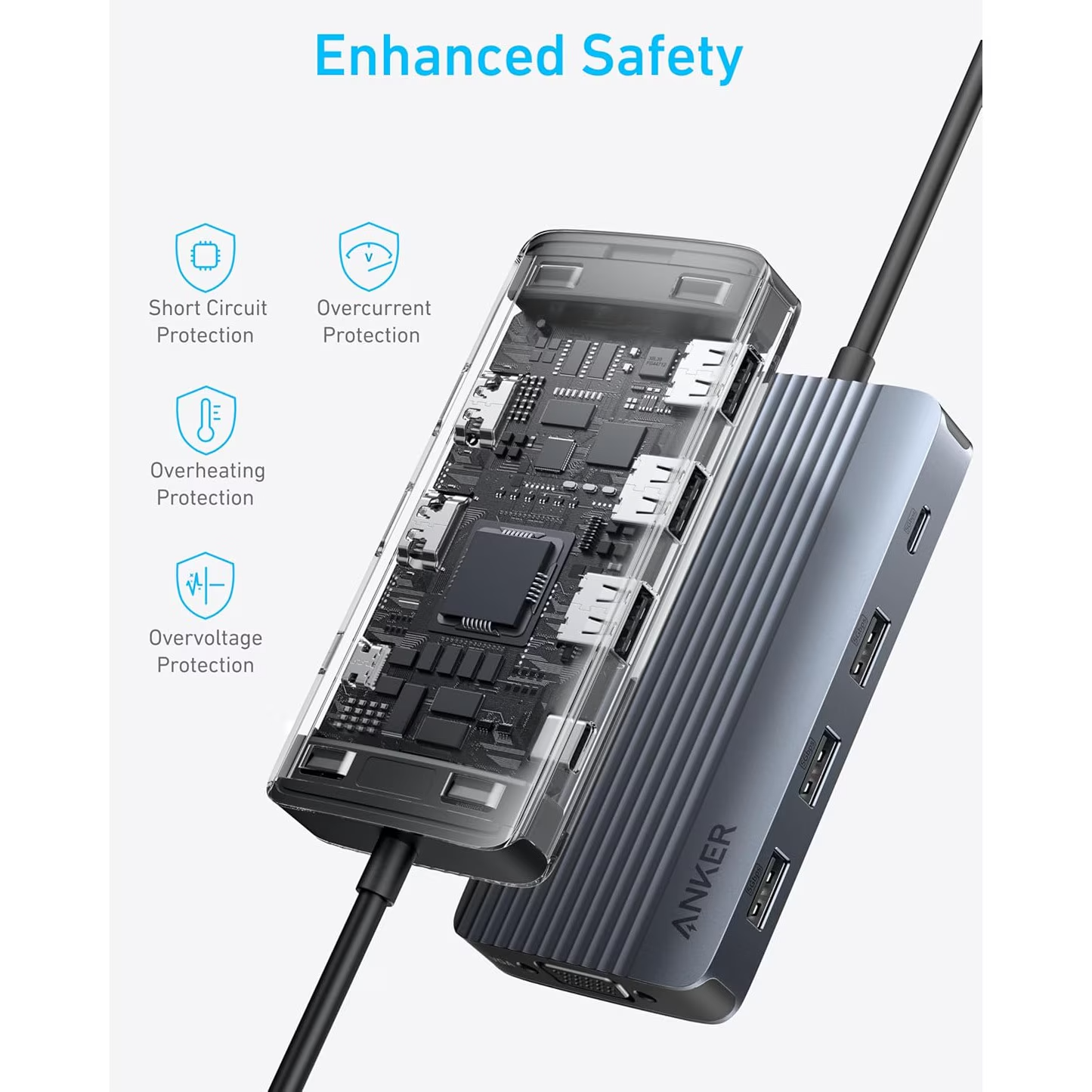 Hub USB-C Anker, 3 x USB-A 3.0 - 2 x USB-C - 2 x HDMI - 1 x VGA, Grå A83790A2