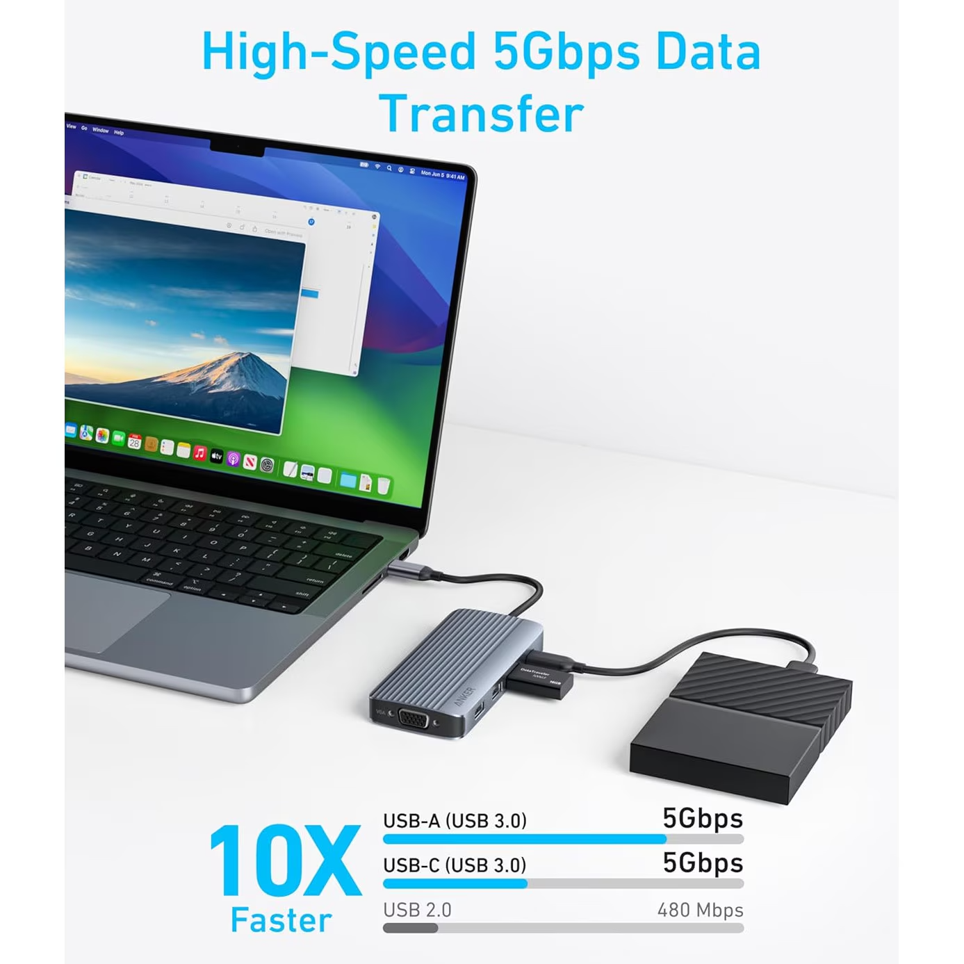 Hub USB-C Anker, 3 x USB-A 3.0 - 2 x USB-C - 2 x HDMI - 1 x VGA, Grå A83790A2