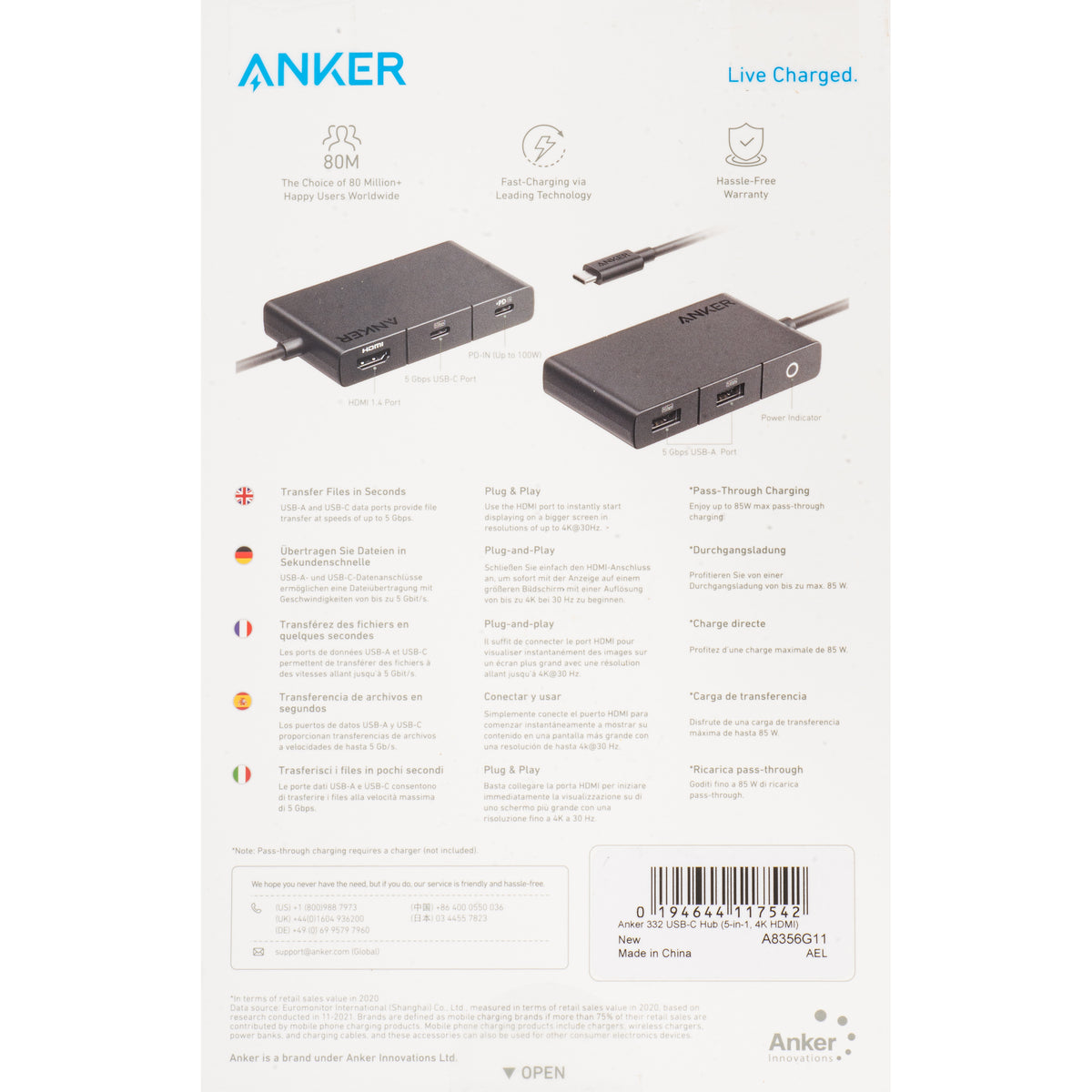 USB-C Hub Anker 332, 2 x USB-A - 2 x USB-C - 1 x HDMI, Sort A8356G11