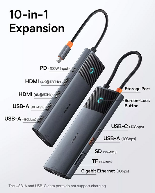 Hub USB-C Baseus Dual Display, 1 x USB-A 3.0 - 2 x USB-A - 2 x USB-C - 2 x HDMI - 1 x RJ45 - 1 x SD - 1 x microSD, Sort B00061800123-01