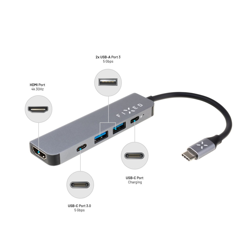 Hub USB-C Fixed, 4in1, Grå