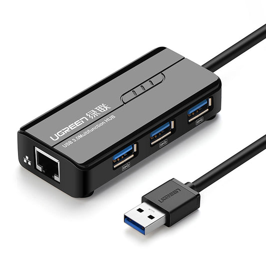 USB-hub UGREEN 20265, 3 x USB-A 3.0 - 1 x RJ45, sort