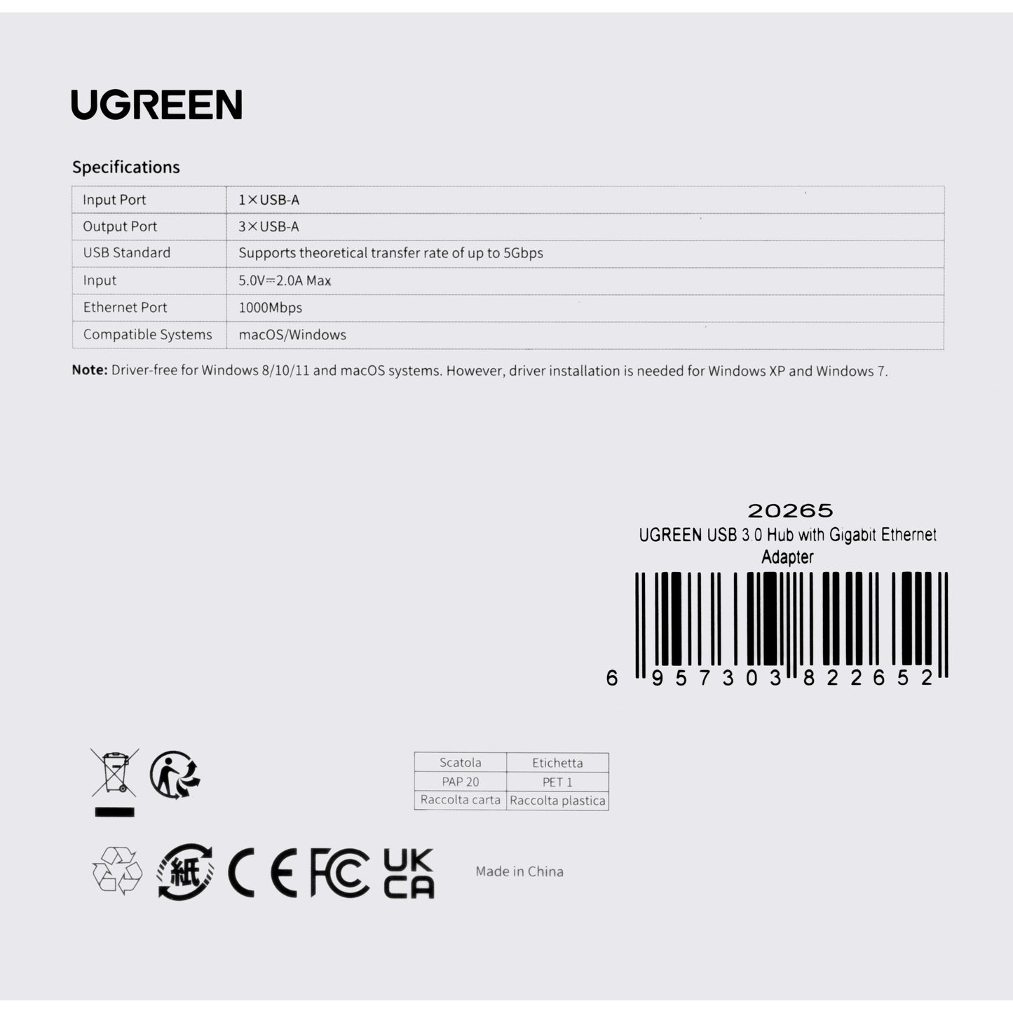 Hub USB UGREEN 20265, 3 x USB-A 3.0 - 1 x RJ45, Sort