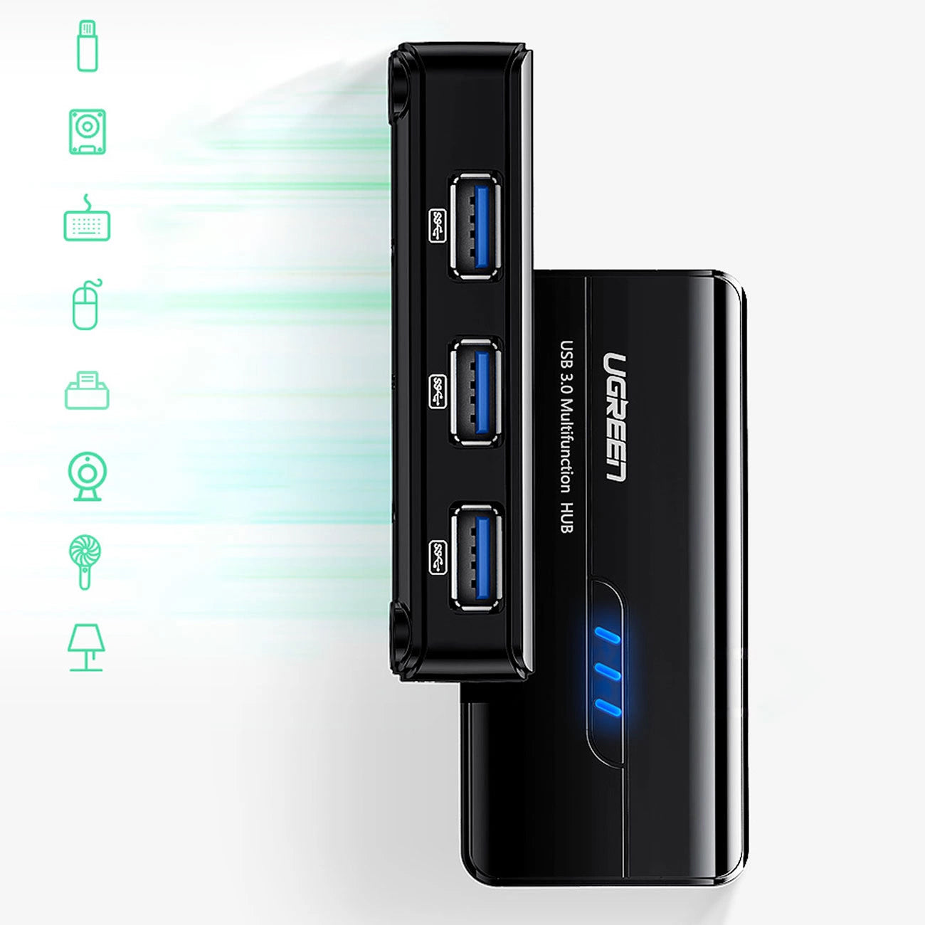 Hub USB UGREEN 20265, 3 x USB-A 3.0 - 1 x RJ45, Sort