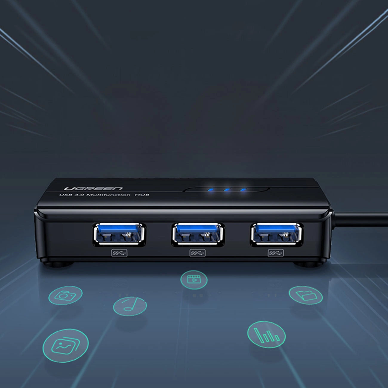 Hub USB UGREEN 20265, 3 x USB-A 3.0 - 1 x RJ45, Sort