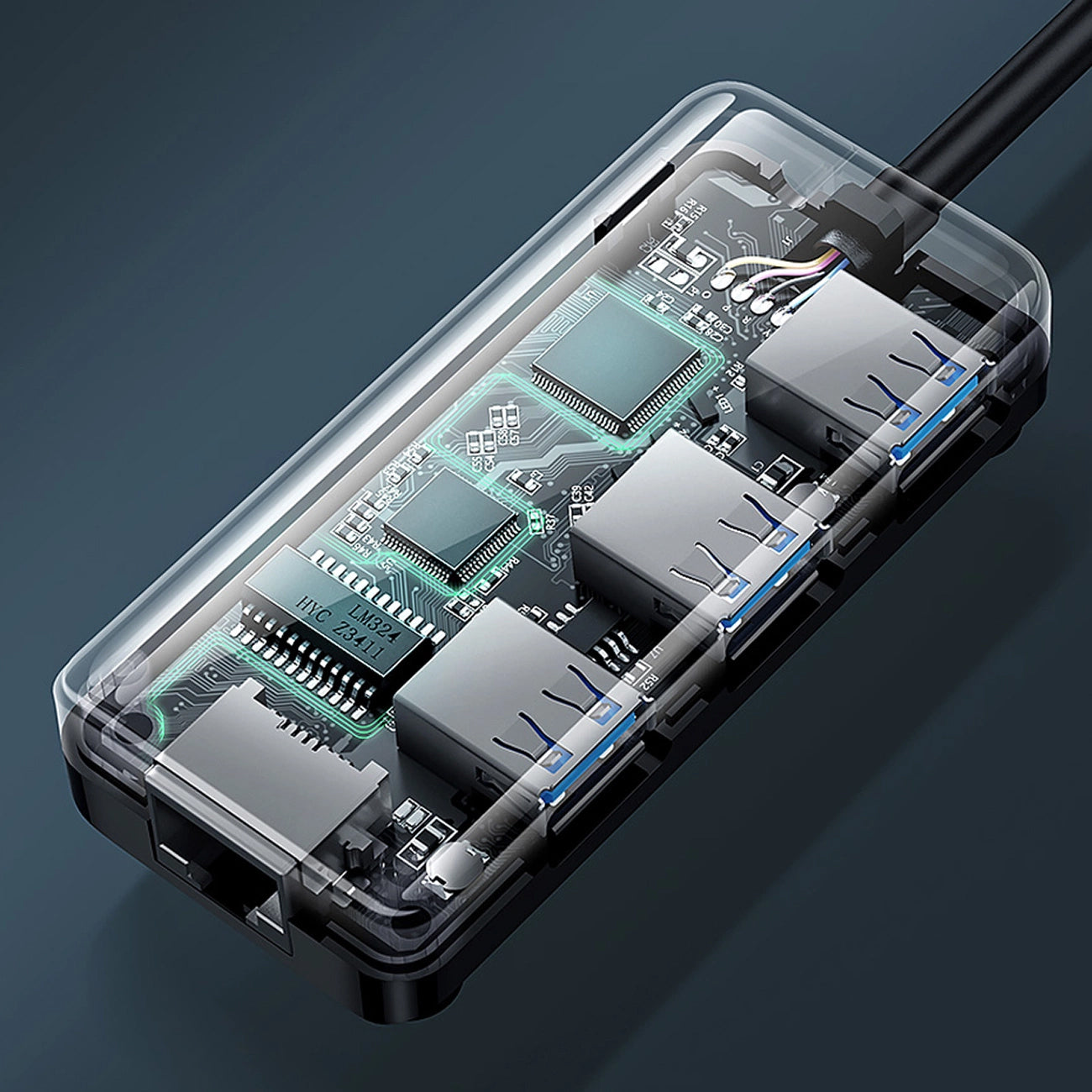 Hub USB UGREEN 20265, 3 x USB-A 3.0 - 1 x RJ45, Sort