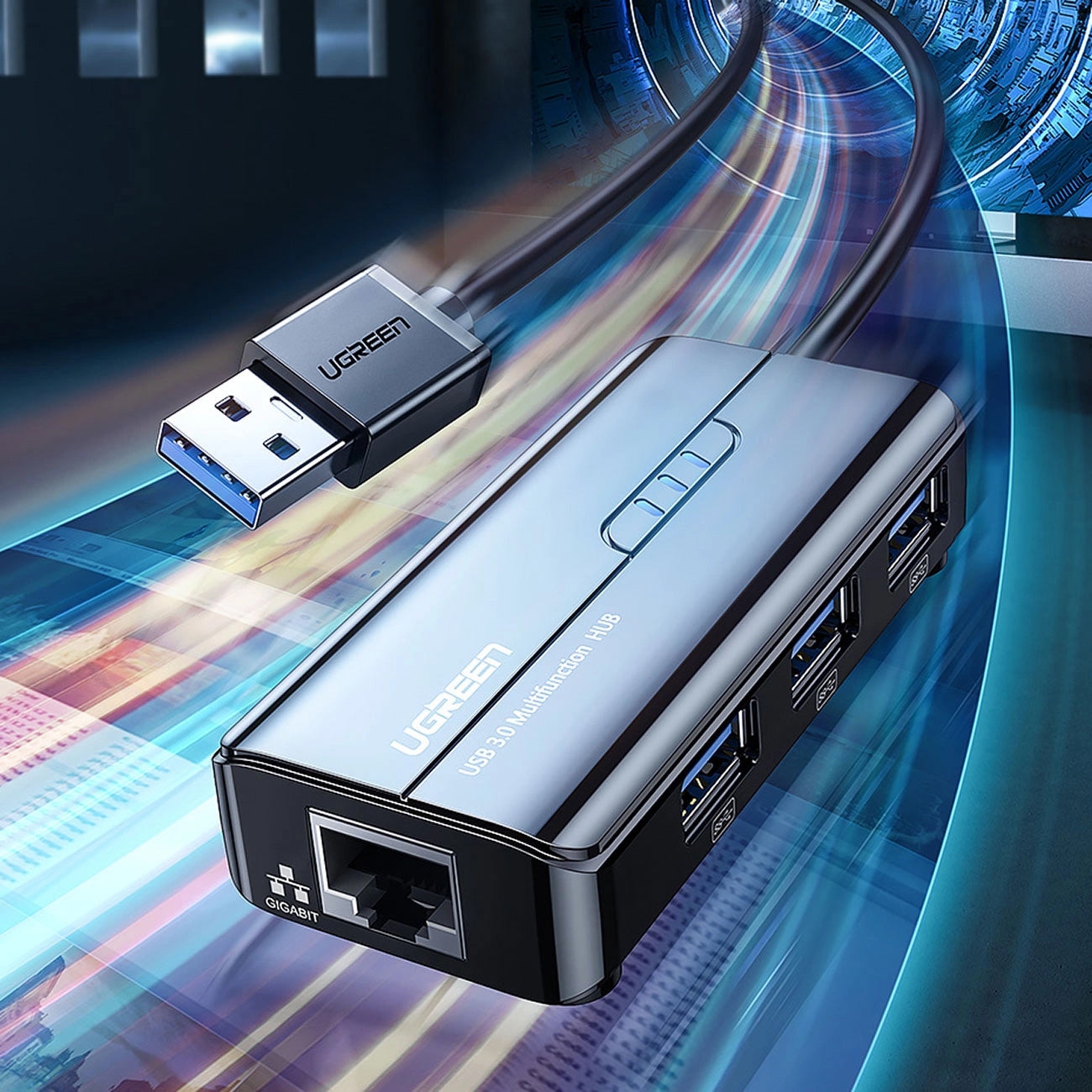 Hub USB UGREEN 20265, 3 x USB-A 3.0 - 1 x RJ45, Sort