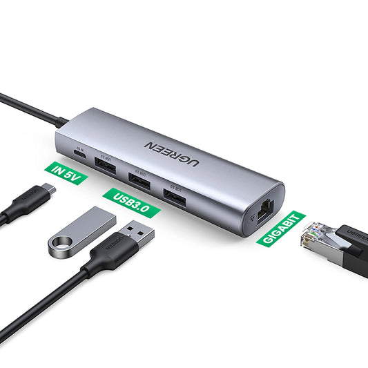 USB-hub UGREEN CM266, 3 x USB-A 3.0 - 1 x RJ45, Grå